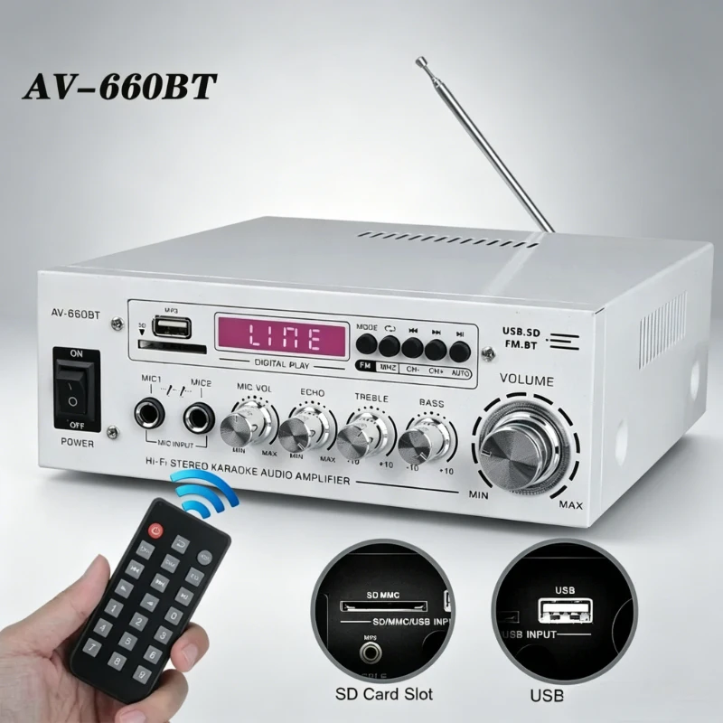 New 2000W Peak Power Bluetooth Amplifier Receiver, Sunbuck AV-660BT with 2 Microphone Inputs, Remote, EQ, USB/SD/FM
New 2000W Peak Power Bluetooth Amplifier Receiver, Sunbuck AV-660BT with 2 Microphone Inputs, Remote, EQ, USB/SD/FM