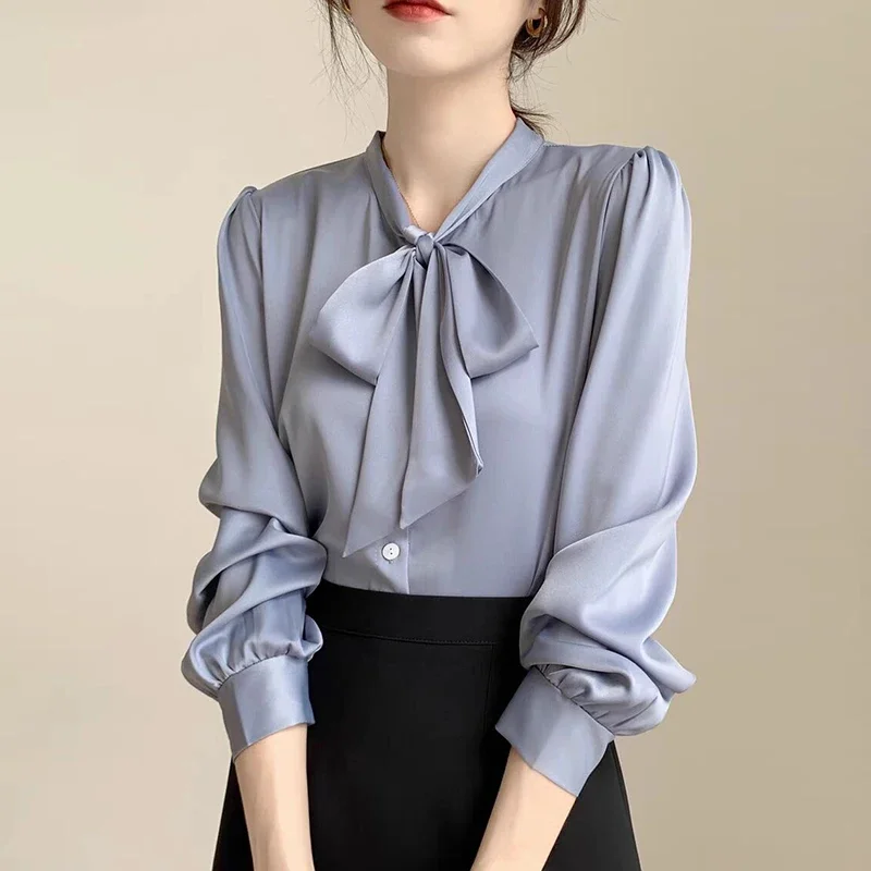 Office Lady Elegant Blue Bow Long Sleeve Women's Shirt Korean Slim Fit Temperament Blouse Sweet All-match Lace Up Tops 31236
Office Lady Elegant Blue Bow Long Sleeve Women's Shirt Korean Slim Fit Temperament Blouse Sweet All-match Lace Up Tops 31236