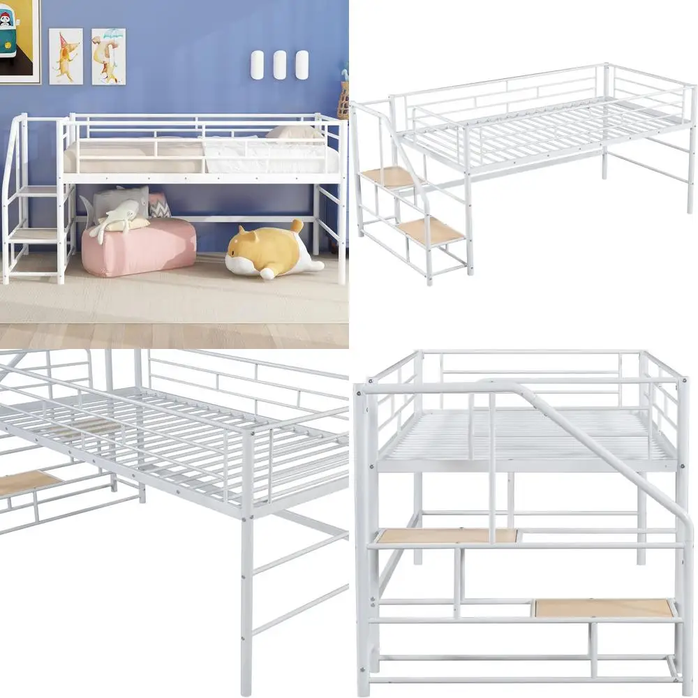 Twin Size Kids Metal Loft Bed with Stairs and Storage in White
Twin Size Kids Metal Loft Bed with Stairs and Storage in White