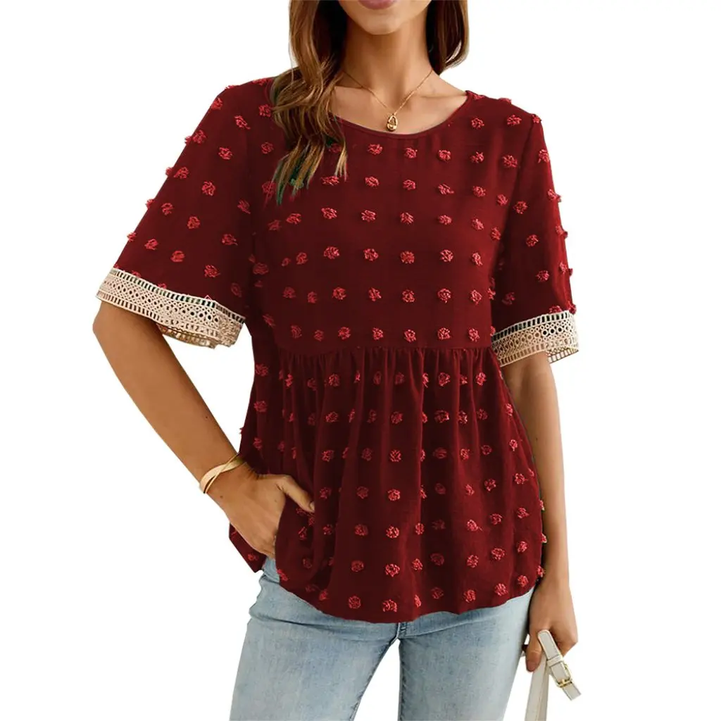 Women's Crewneck Top Lace Half Sleeve Pleated Waist Stitching Jacquard Wave Ball Independent Station European American Style
Women's Crewneck Top Lace Half Sleeve Pleated Waist Stitching Jacquard Wave Ball Independent Station European American Style