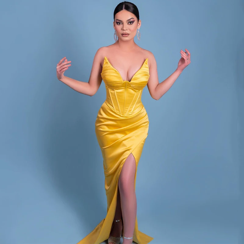 Thinyfull Yellow Mermaid Prom Dresses Sweetheart Satin Evening Dress Formal Side Slit Floor Length Cocktail Party Gown Plus Size
Thinyfull Yellow Mermaid Prom Dresses Sweetheart Satin Evening Dress Formal Side Slit Floor Length Cocktail Party Gown Plus Size