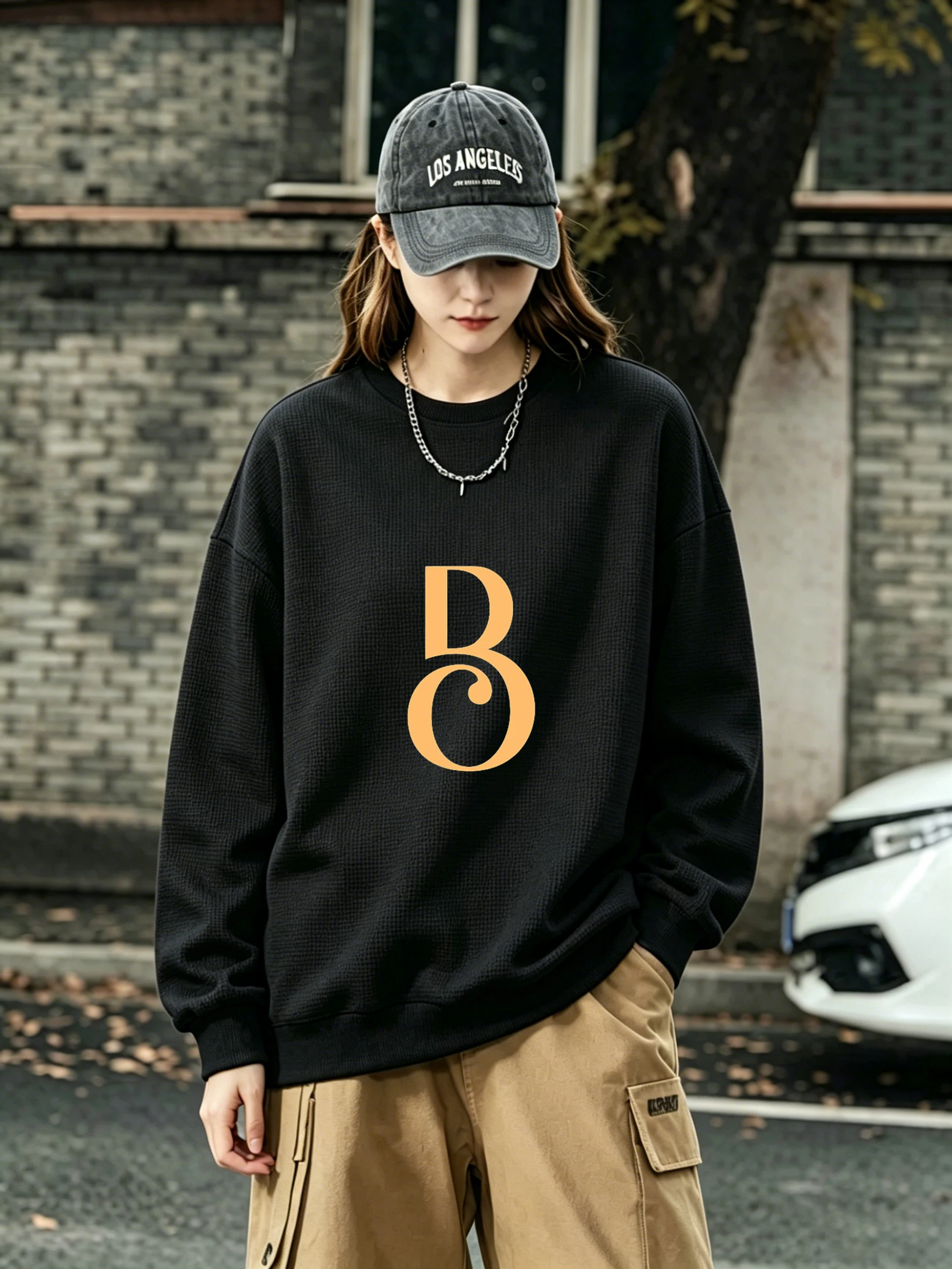 Women's Spring Autumn Black Waffle Ins Style Loose Sweatshirt, Minimalist Orange Art Letter Pattern, Fashionable and Versatile
Women's Spring Autumn Black Waffle Ins Style Loose Sweatshirt, Minimalist Orange Art Letter Pattern, Fashionable and Versatile