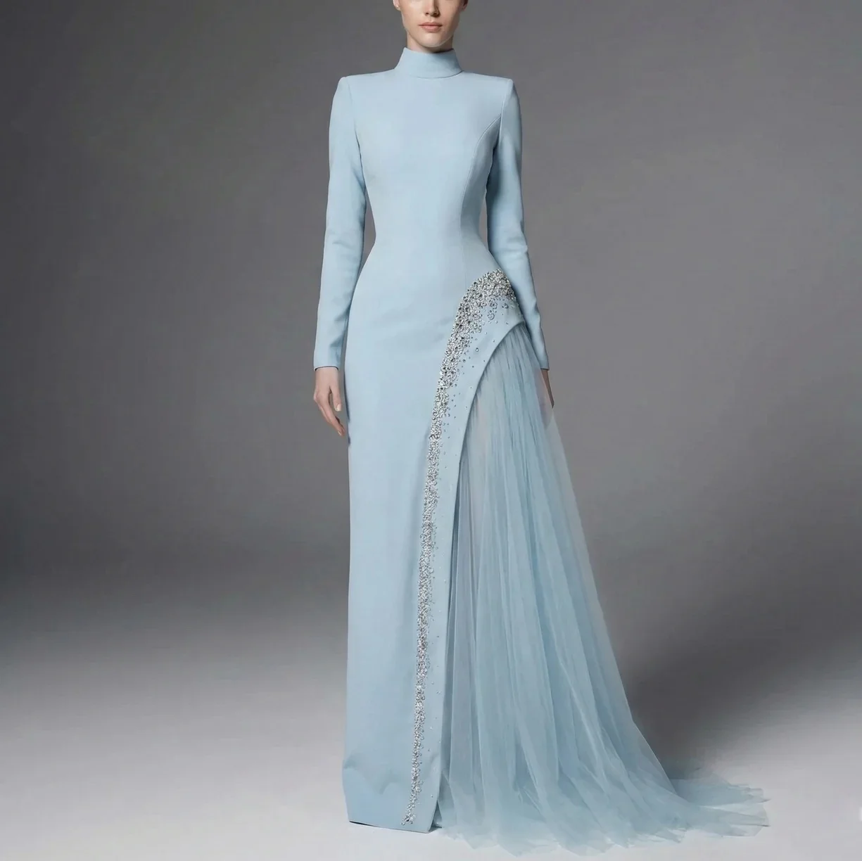 Customized Sky Blue Crepe Elegant Evening Dresses with Beads Tulle A-Line for Floor-Length for Formal Evening Vestidos De Fiesta
Customized Sky Blue Crepe Elegant Evening Dresses with Beads Tulle A-Line for Floor-Length for Formal Evening Vestidos De Fiesta