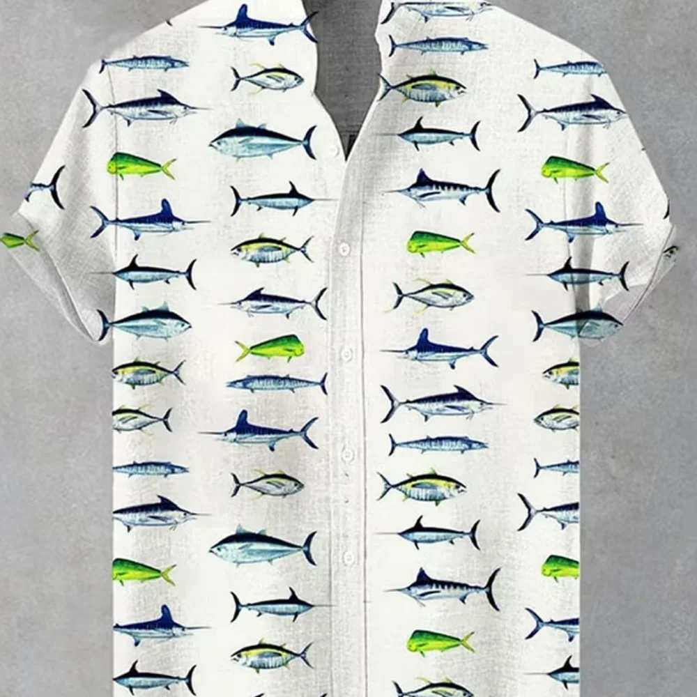 Men's summer tropical fish print short sleeved shirt with tuna and marlin pattern stand up collar casual Hawaiian shirt
Men's summer tropical fish print short sleeved shirt with tuna and marlin pattern stand up collar casual Hawaiian shirt