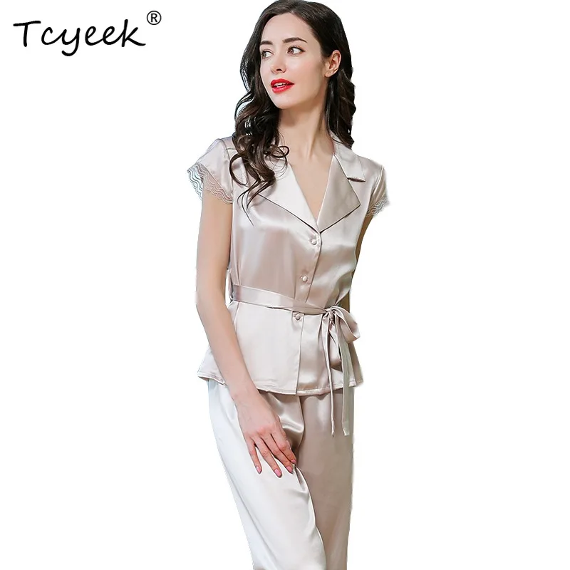 Tcyeek Summer 100%Real Mulberry Silk Pajamas Set Women Pijamas Suit Nightwear Satin V Neck Short Sleeve Sleepwear P36623QC
Tcyeek Summer 100%Real Mulberry Silk Pajamas Set Women Pijamas Suit Nightwear Satin V Neck Short Sleeve Sleepwear P36623QC