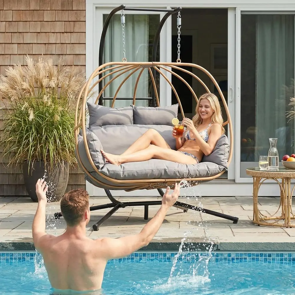 2 Person Outdoor Egg Swing Chair with Cushions, Grey Wicker Hanging Basket Chair, Metal Stand Included
2 Person Outdoor Egg Swing Chair with Cushions, Grey Wicker Hanging Basket Chair, Metal Stand Included