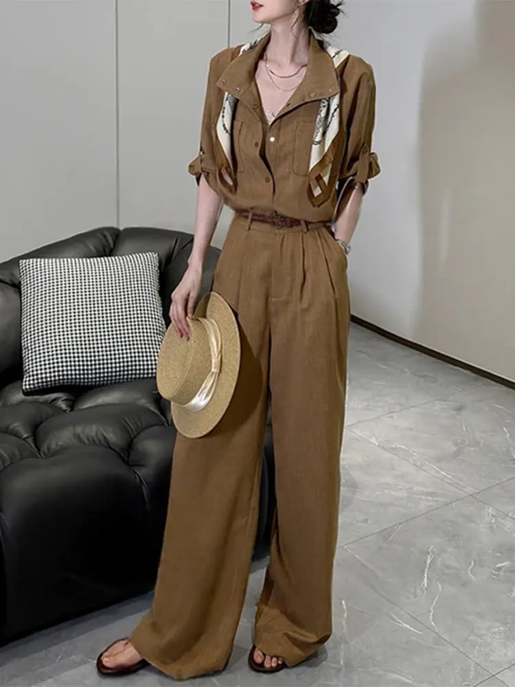 Casual Summer Outfit Women's Short Sleeve Shirt Wide Leg Pants Belt Silk Scarf Fashionable Two Piece Set High Waist Pants
Casual Summer Outfit Women's Short Sleeve Shirt Wide Leg Pants Belt Silk Scarf Fashionable Two Piece Set High Waist Pants
