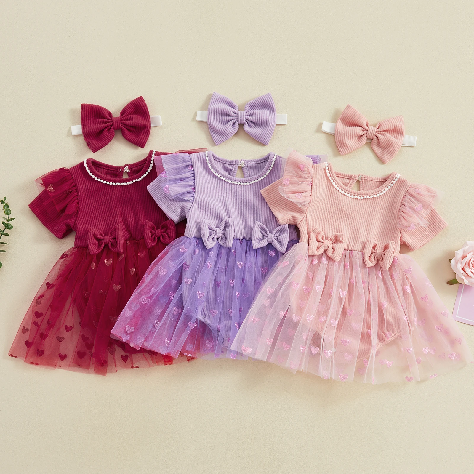 

Infant Girl Valentine's Day Jumpsuit Dress with Bow Headband Short Sleeve Heart Print Tulle Mesh Ribbed Patchwork Romper Dress
