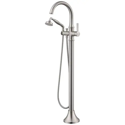 Brushed Nickel Freestanding Floor-Mount Bathtub Faucet With Handheld Shower And Brass Construction
Brushed Nickel Freestanding Floor-Mount Bathtub Faucet With Handheld Shower And Brass Construction
