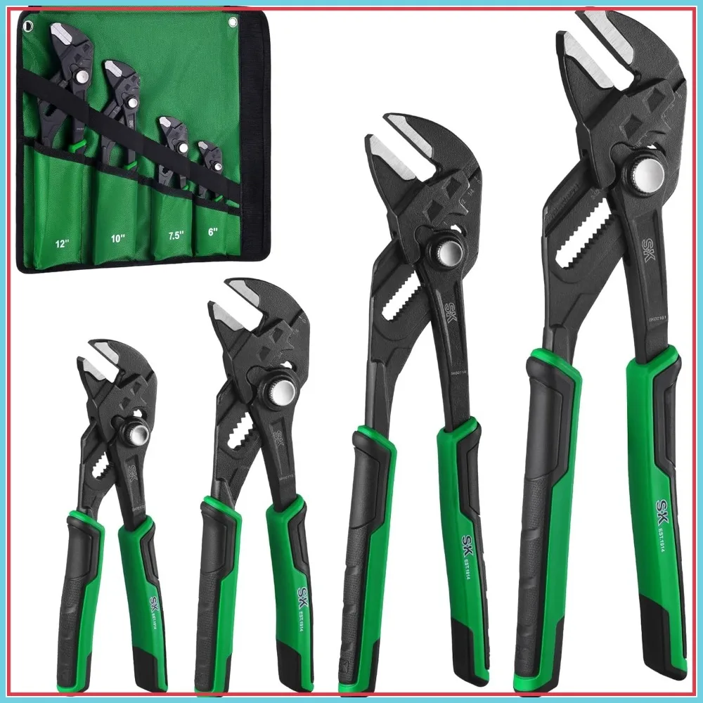 SK 4-Piece Pliers Wrench Set, Adjustable Parallel Smooth Jaw, 6-12 Inch, CR-V Steel, Rolling Pouch