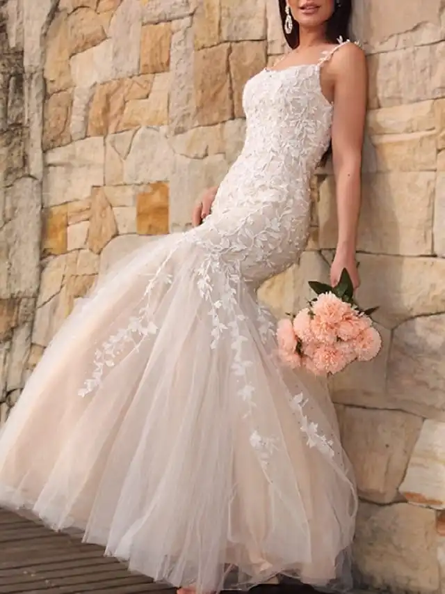 Mermaid / Trumpet Wedding Dresses Spaghetti Floor Length Lace Tulle Sleeveless Formal Romantic Bridal Gown with Appliques
Mermaid / Trumpet Wedding Dresses Spaghetti Floor Length Lace Tulle Sleeveless Formal Romantic Bridal Gown with Appliques