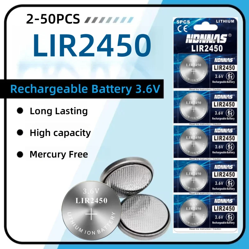 5-60Pcs Rechargeable 2450 Batteries 3.6V High Capacity Rechargeable LIR2450 Lithium Coin Button Battery Replace CR2450
5-60Pcs Rechargeable 2450 Batteries 3.6V High Capacity Rechargeable LIR2450 Lithium Coin Button Battery Replace CR2450