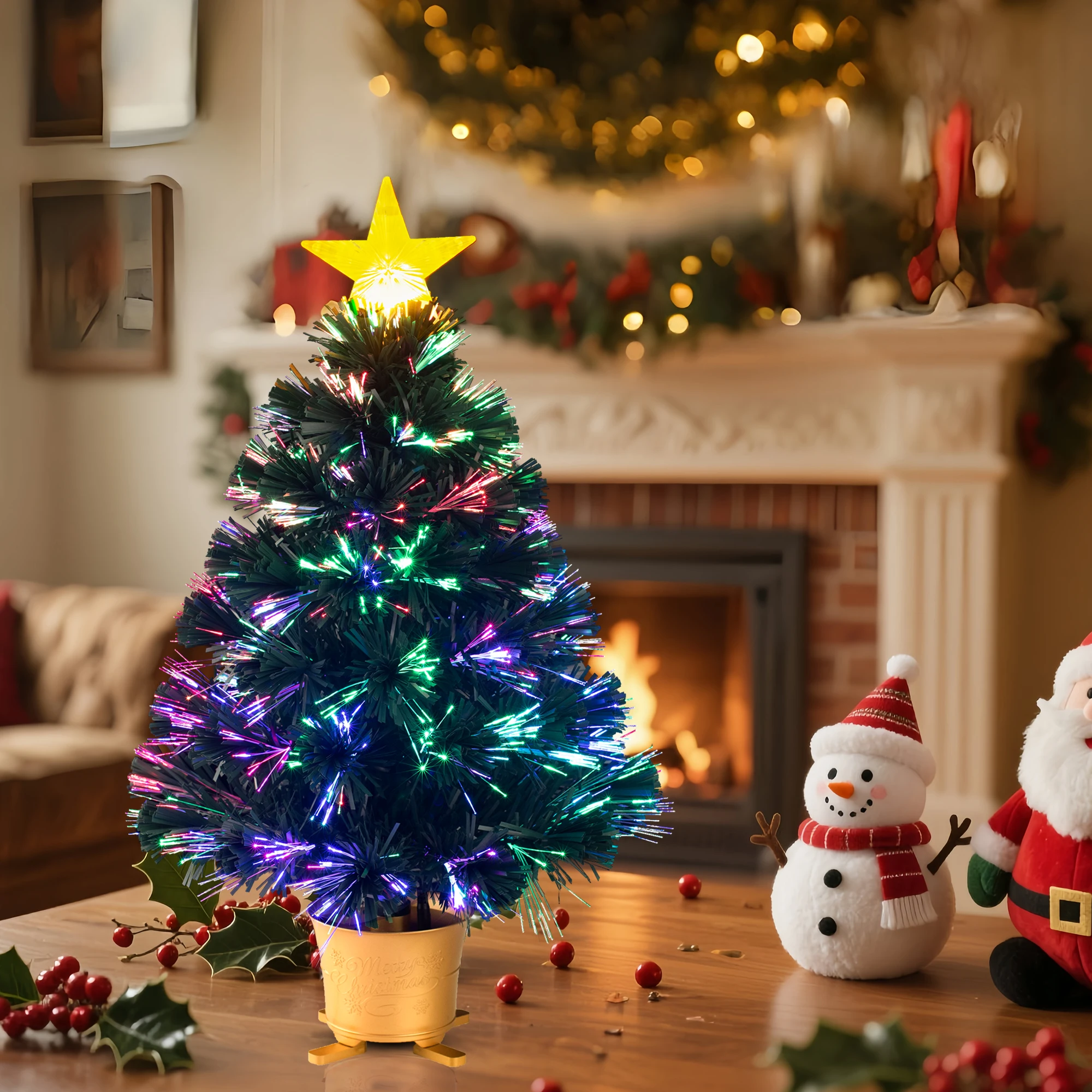 Mini Fiber Optic Tabletop Artificial Christmas Tree with star tree topper, Gold Base, Green, Pre-lit, Xmas Tree, 24 inch
Mini Fiber Optic Tabletop Artificial Christmas Tree with star tree topper, Gold Base, Green, Pre-lit, Xmas Tree, 24 inch