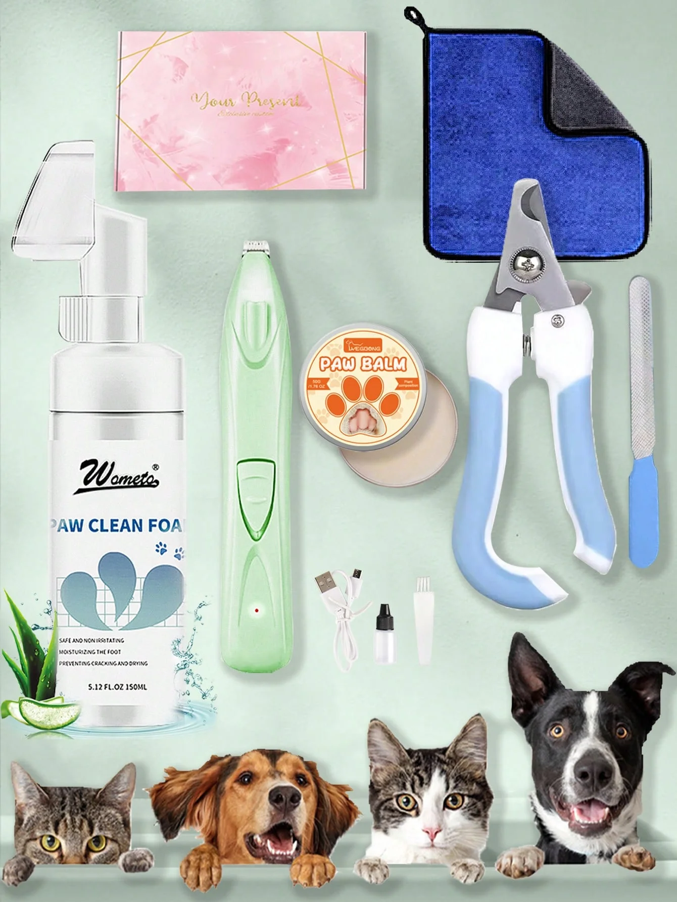 6Pcs Pet Paw Cleaning Kit,with 150ml Dog Paw Cleaner Waterless Foaming Microfiber Towel Paw Balm and Dog Cat Nail Clippers and E
6Pcs Pet Paw Cleaning Kit,with 150ml Dog Paw Cleaner Waterless Foaming Microfiber Towel Paw Balm and Dog Cat Nail Clippers and E