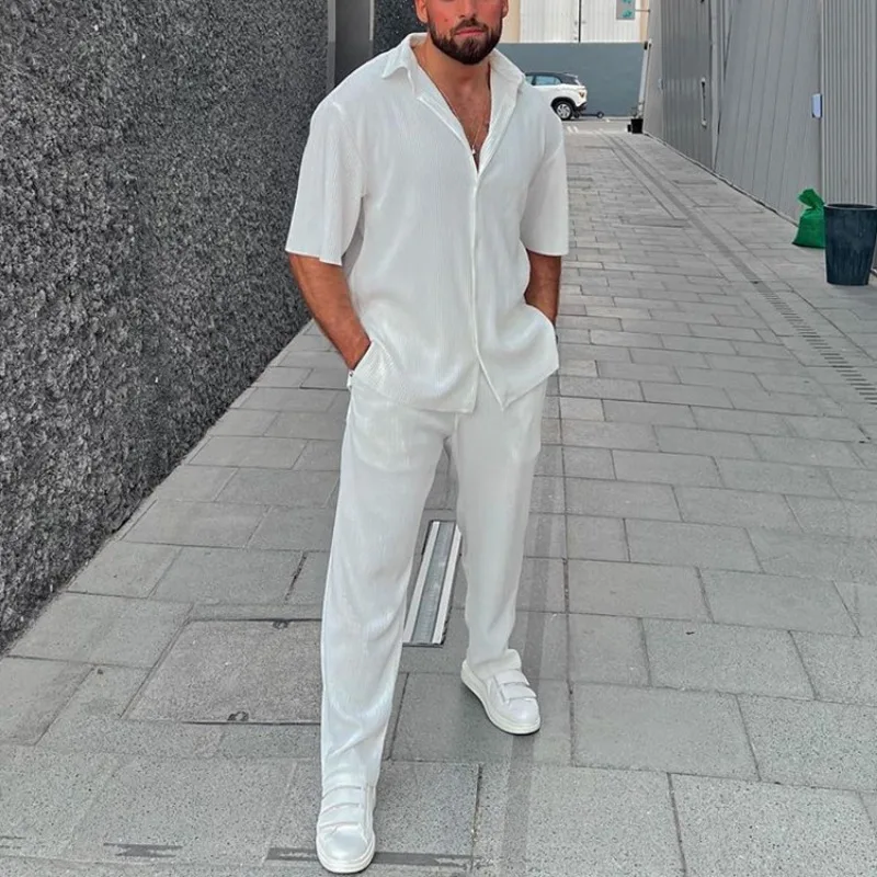 Luxury Casual Men Sets Loose Pleated Beach Outfit White Blue Pants Set Short Sleeves Shirt 2-piece Set Lapel Tops Straight Pants
Luxury Casual Men Sets Loose Pleated Beach Outfit White Blue Pants Set Short Sleeves Shirt 2-piece Set Lapel Tops Straight Pants