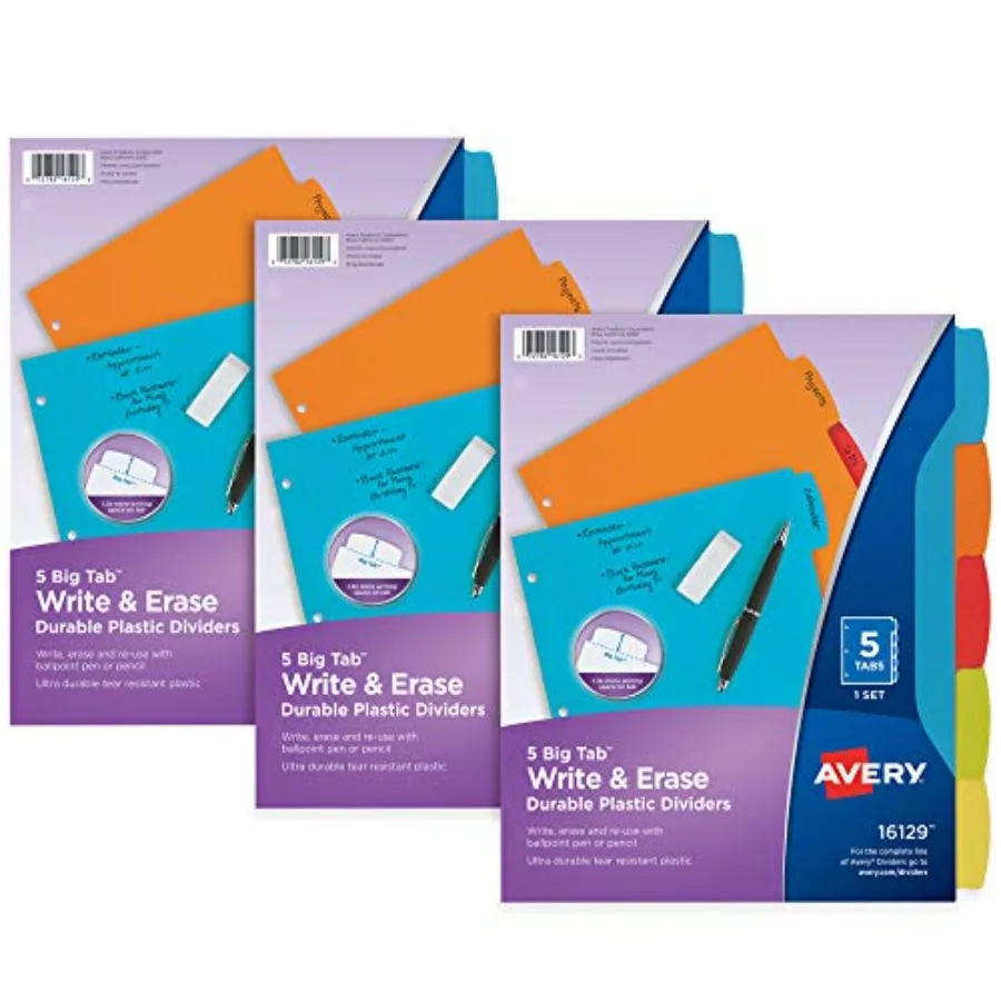 Big Tab Write and Erase Durable Plastic Dividers, 5-Tab Set, Multicolor Brights, 3 Sets 21212
Big Tab Write and Erase Durable Plastic Dividers, 5-Tab Set, Multicolor Brights, 3 Sets 21212