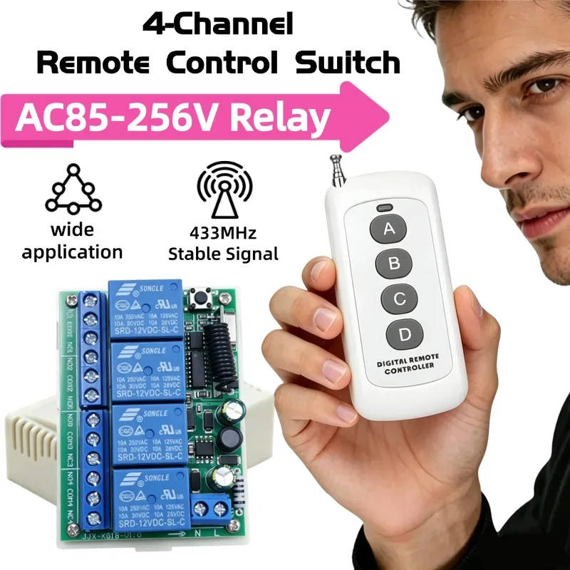 433 MHz AC 110V 220V 4CH RF Remote Control Switch Controller + Universal RF Relay Receiver Module For Light Garage Door Opener
433 MHz AC 110V 220V 4CH RF Remote Control Switch Controller + Universal RF Relay Receiver Module For Light Garage Door Opener