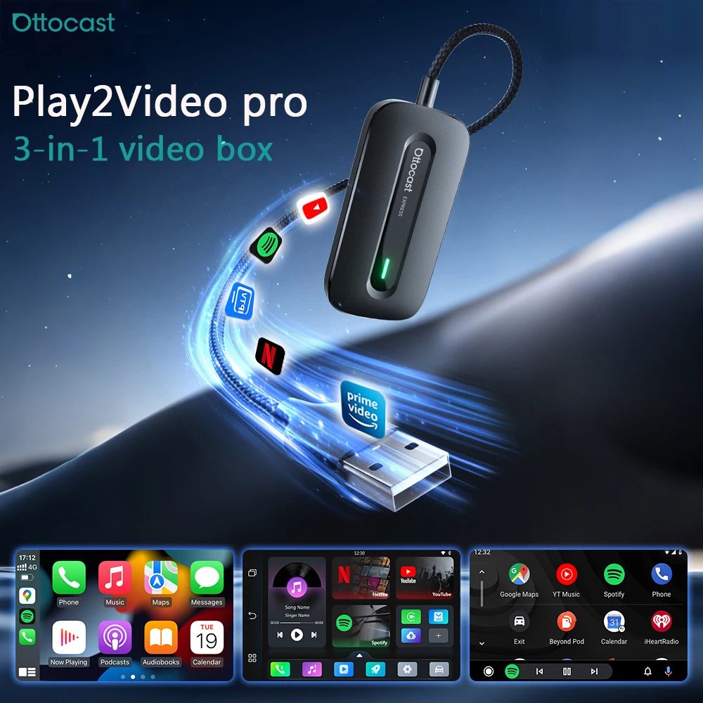 Ottocast Play2 Video Pro Ai Box Wireless CarPlay Android Auto Adapter Built in Youtube Netflix Iptv for Car with Wired Carplay
Ottocast Play2 Video Pro Ai Box Wireless CarPlay Android Auto Adapter Built in Youtube Netflix Iptv for Car with Wired Carplay