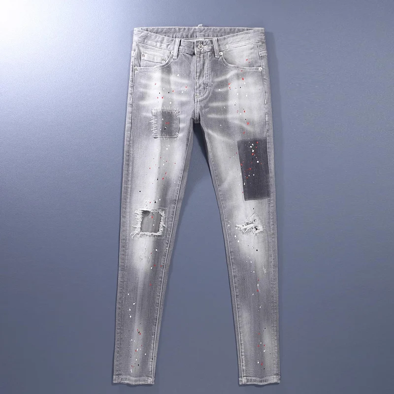 Street Fashion Men Jeans Retro Washed Gray Stretch Slim Fit Patched Ripped Jeans Men Painted Designer Brand Denim Pants Hombre
Street Fashion Men Jeans Retro Washed Gray Stretch Slim Fit Patched Ripped Jeans Men Painted Designer Brand Denim Pants Hombre