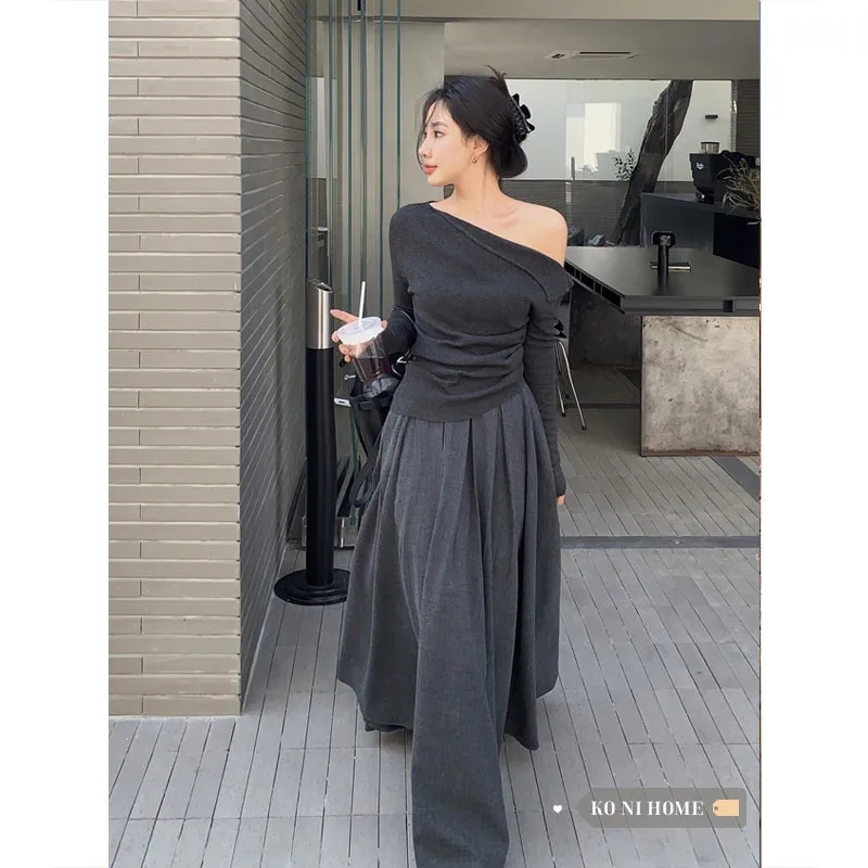 Korean New Spring Fashion Sweater Sexy Sloping Shoulder Knit Pullover Bottoming Shirt Jumper Long Sleeve Black Grey Knitwear Top
Korean New Spring Fashion Sweater Sexy Sloping Shoulder Knit Pullover Bottoming Shirt Jumper Long Sleeve Black Grey Knitwear Top