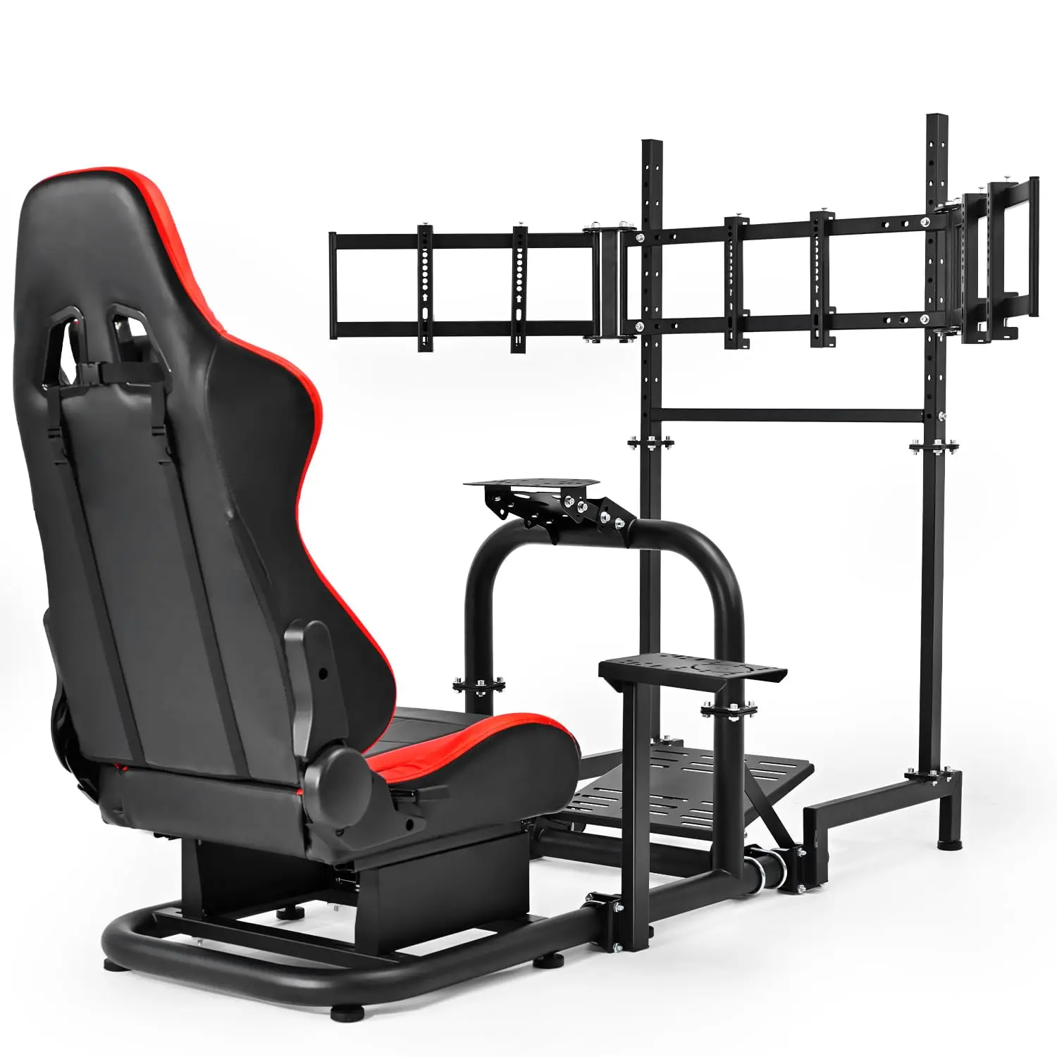 Racing Simulator Cockpit Vertical Bracket with Triple Monitor Stand and Red Seat Fit for Logitech/Thrustmaster/Fanatec
Racing Simulator Cockpit Vertical Bracket with Triple Monitor Stand and Red Seat Fit for Logitech/Thrustmaster/Fanatec