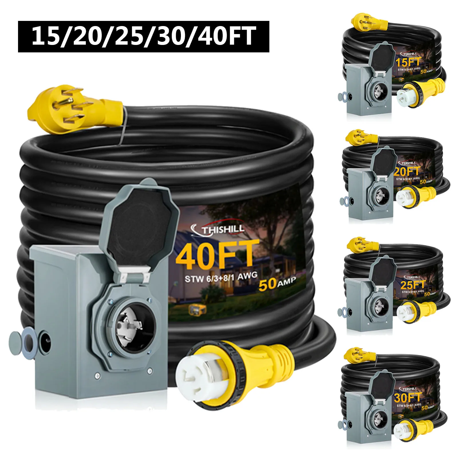 50 Amp RV Extension Cord 125/250V STW ETL Listed, NEMA 14-50P to SS2-50R,Waterproof Power Cord for RV Outdoor Home 15/25/30/40FT
50 Amp RV Extension Cord 125/250V STW ETL Listed, NEMA 14-50P to SS2-50R,Waterproof Power Cord for RV Outdoor Home 15/25/30/40FT