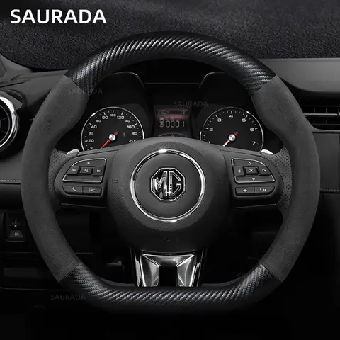 Cubierta de volante de coche de cuero PU de fibra de carbono, forma D, 38cm, para MG 3 5 6 HS ZS EV MG3 3SW MG5 MG6 MG7 ZR EHS GT EZS D Shape