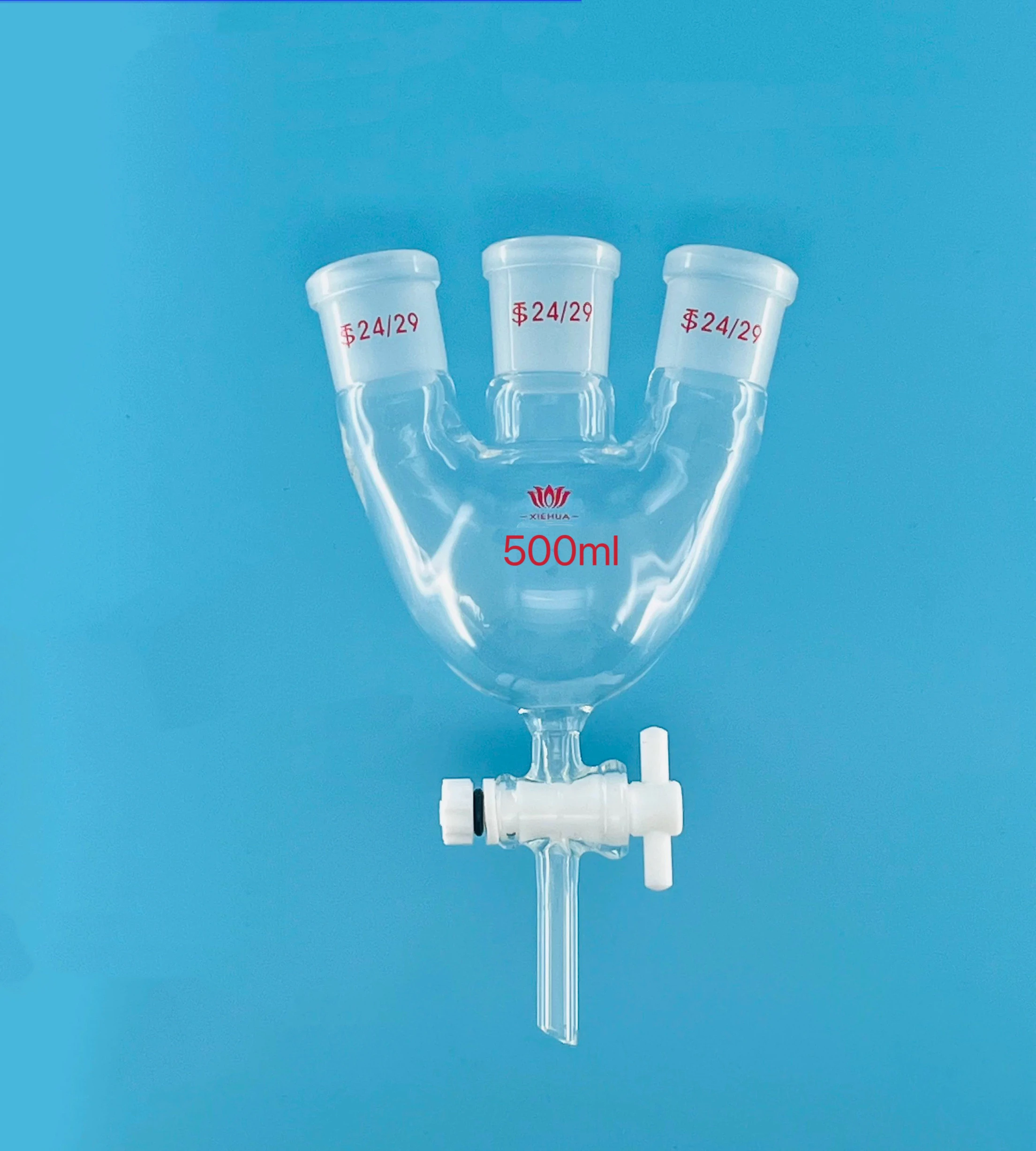 500ml 24/29 X3 Three Necked Spherical Separating Funnel, Three Necked Round Nottom Flask, Equipped With PTFE Piston Switch Valve 
500ml 24/29 X3 Three Necked Spherical Separating Funnel, Three Necked Round Nottom Flask, Equipped With PTFE Piston Switch Valve