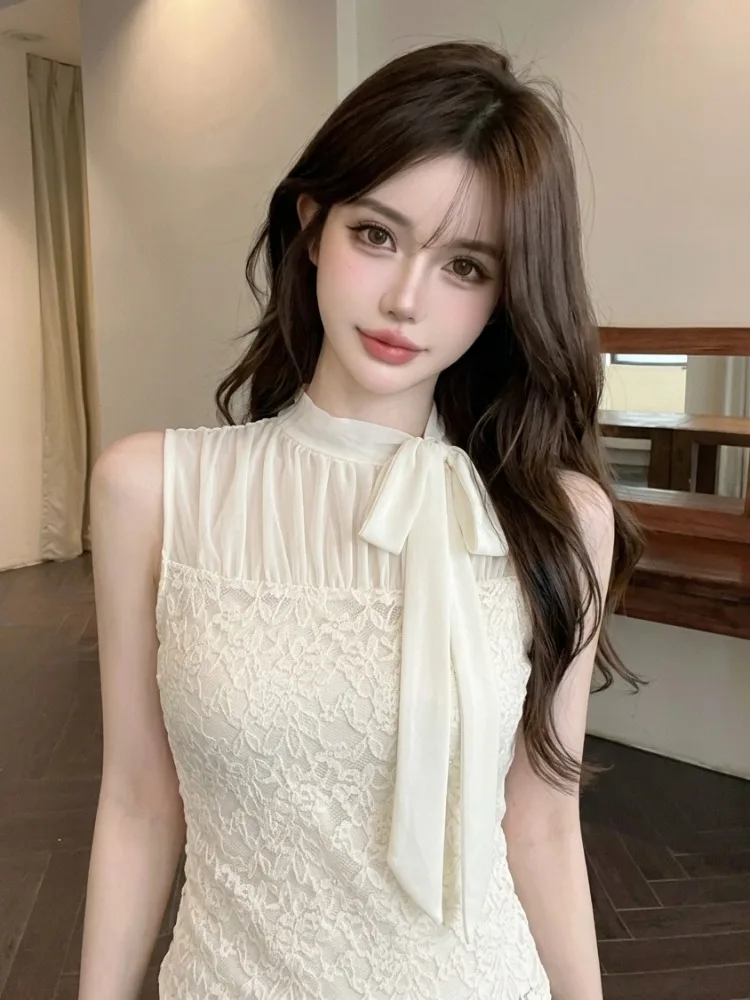 Elegant White Lace Shirt Women's Slimming Fashionable Summer New Style Knot Belted Sleeveless Top for Trendy Girls
Elegant White Lace Shirt Women's Slimming Fashionable Summer New Style Knot Belted Sleeveless Top for Trendy Girls