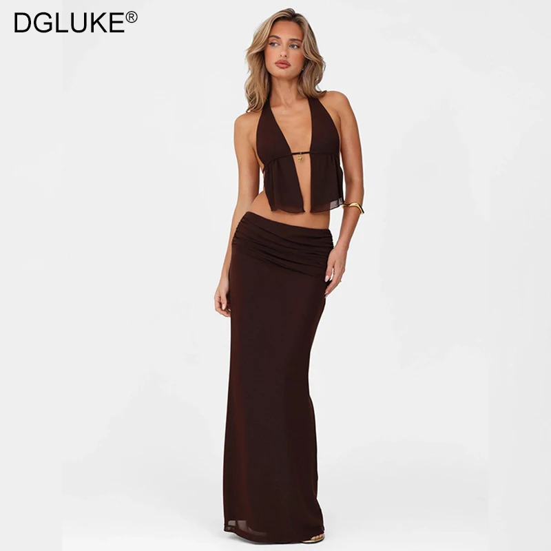 DGLUKE Halter Top And Long Skirt 2 Piece Sets Woman Outfit Summer Sexy Beach Club Outfits Mesh Dress Sets
DGLUKE Halter Top And Long Skirt 2 Piece Sets Woman Outfit Summer Sexy Beach Club Outfits Mesh Dress Sets