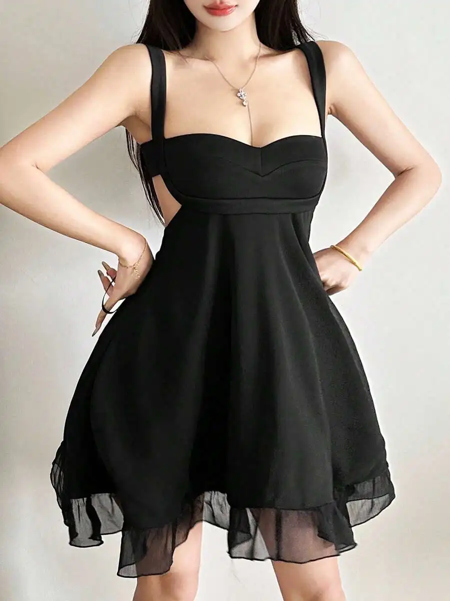 Black Solid Mesh Patchwork Elegant Waist Mini Dress For Dates Parties
Black Solid Mesh Patchwork Elegant Waist Mini Dress For Dates Parties