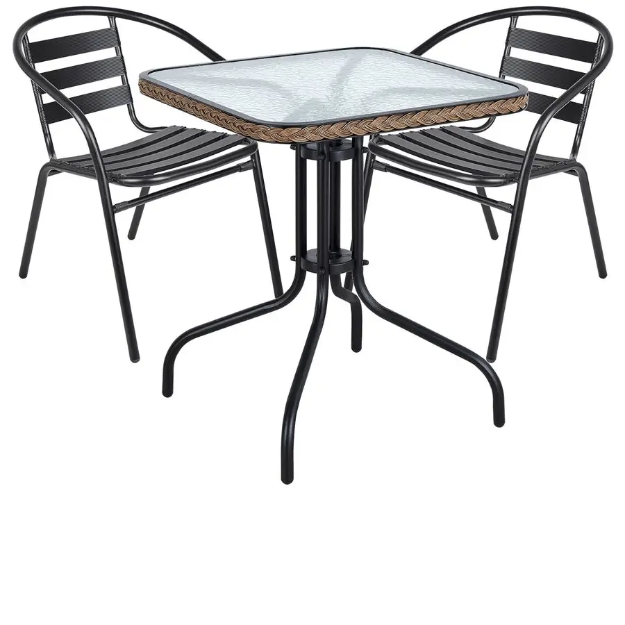 Indoor Outdoor 28 Square Tempered Glass Metal Table Brown Rattan Trim 2 Black Restaurant Aluminum Slat Stack Chairs Lightweight
Indoor Outdoor 28 Square Tempered Glass Metal Table Brown Rattan Trim 2 Black Restaurant Aluminum Slat Stack Chairs Lightweight