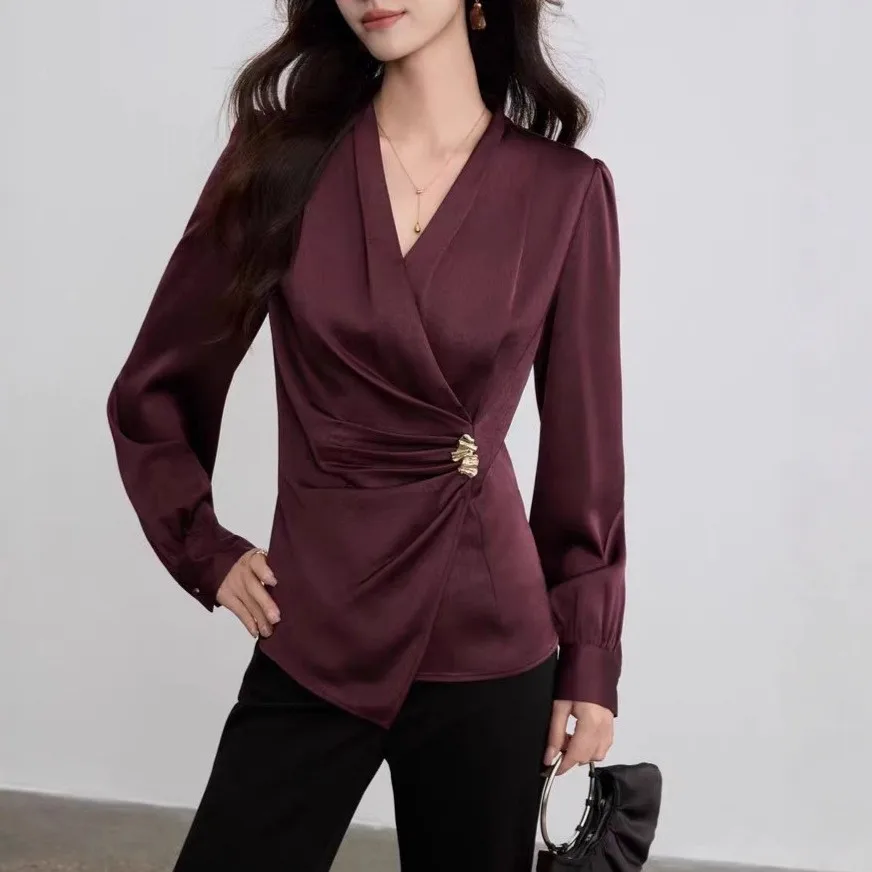 Women's Blouse Satin V Neck Wrap Blouses Long Sleeve Floral Shirt Burgundy Top Black Asymmetrical Hem For Woman Women Metallic
Women's Blouse Satin V Neck Wrap Blouses Long Sleeve Floral Shirt Burgundy Top Black Asymmetrical Hem For Woman Women Metallic