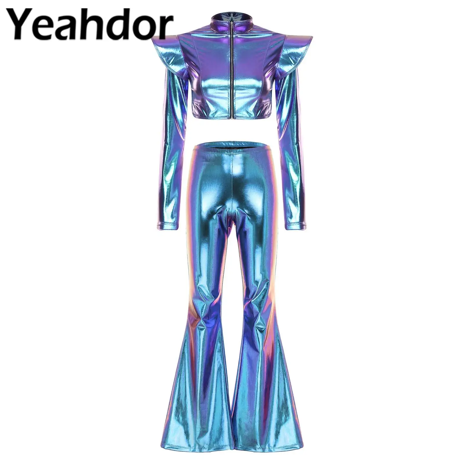 Womens Metallic Shiny Disco Club Outfit Long Sleeve Stand Collar Front Zipper Crop Top And Flared Pants for Halloween Rock Music
Womens Metallic Shiny Disco Club Outfit Long Sleeve Stand Collar Front Zipper Crop Top And Flared Pants for Halloween Rock Music