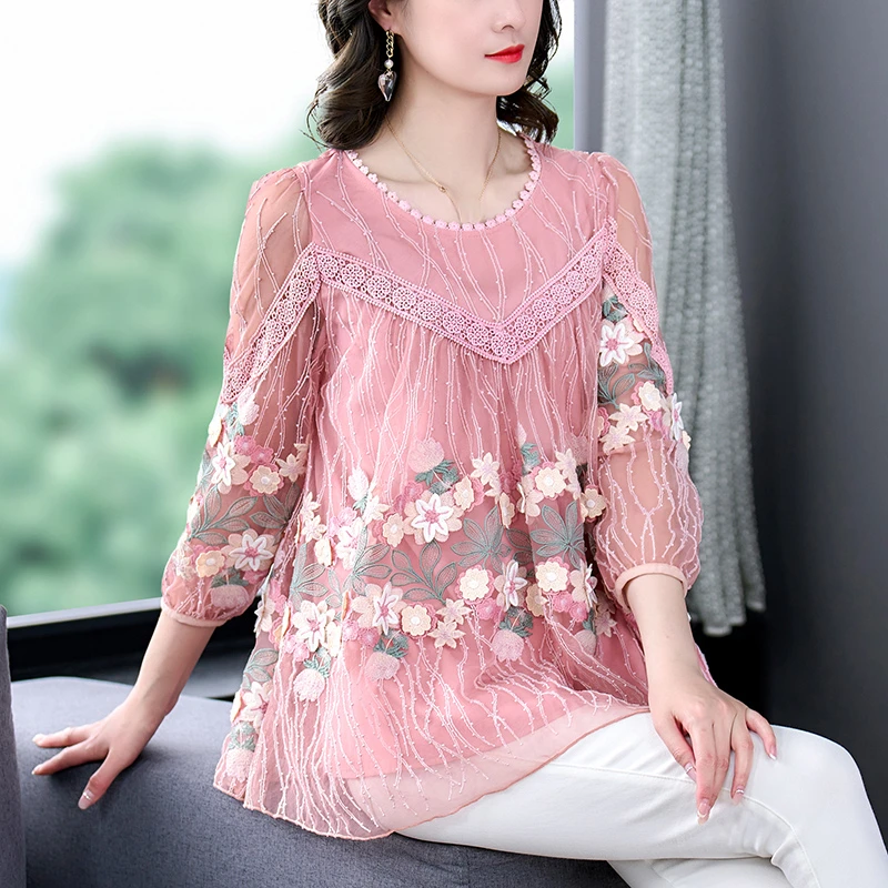 Summer Spring Woman 3/4 Sleeve Embroidery Loose 4xl Sweet Top Shirt , Woman Clothing Mesh Flower Lace Patchwork Tops Shirts
Summer Spring Woman 3/4 Sleeve Embroidery Loose 4xl Sweet Top Shirt , Woman Clothing Mesh Flower Lace Patchwork Tops Shirts