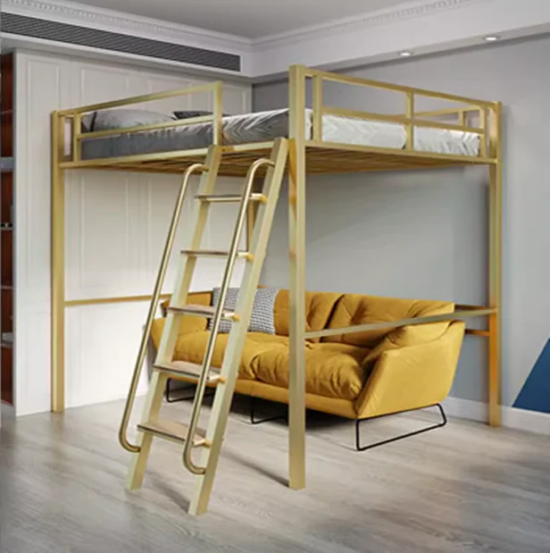 Space-saving elevated bed Small-sized wrought iron double bed with iron frame bed on top and bottom.
Space-saving elevated bed Small-sized wrought iron double bed with iron frame bed on top and bottom.