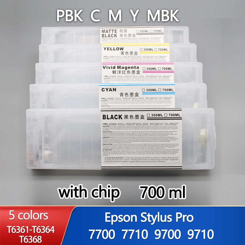 5 Pieces/lot 5 colors 700ml T6361-T6364 T6368 Refillable Ink Cartridges With Chips For Canon 7700 7710 9700 9710 printer
5 Pieces/lot 5 colors 700ml T6361-T6364 T6368 Refillable Ink Cartridges With Chips For Canon 7700 7710 9700 9710 printer