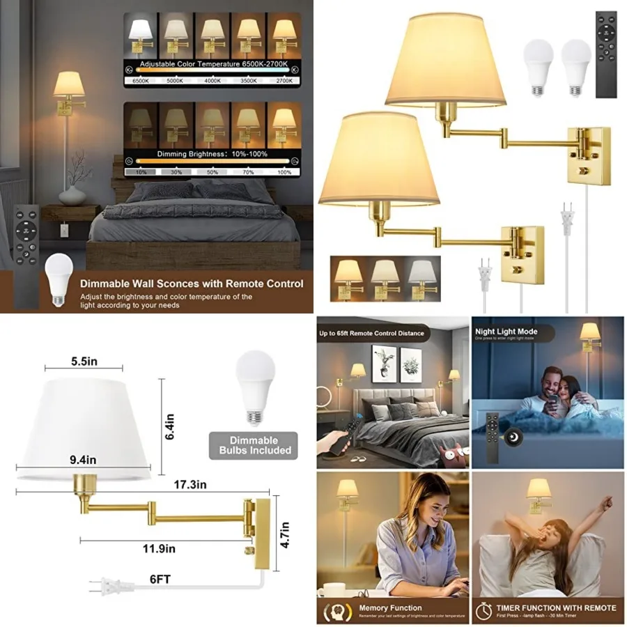 Dimmable Wall Sconce, Remote Control Dimming 10-100% and Adjustable Color Temperature 2700K-6500K Brushed Brass Swing Arm Wall
Dimmable Wall Sconce, Remote Control Dimming 10-100% and Adjustable Color Temperature 2700K-6500K Brushed Brass Swing Arm Wall
