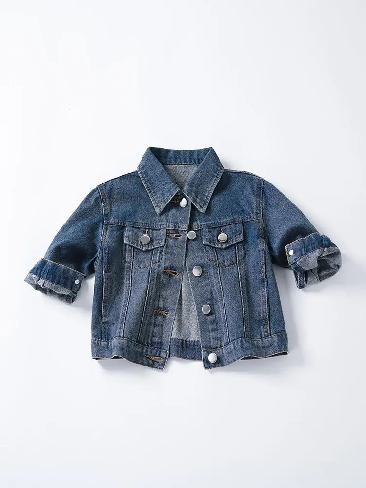 Girl's denim jacket baby child spring and autumn lapel front pocket bobblehead small white buckle denim blue
Girl's denim jacket baby child spring and autumn lapel front pocket bobblehead small white buckle denim blue