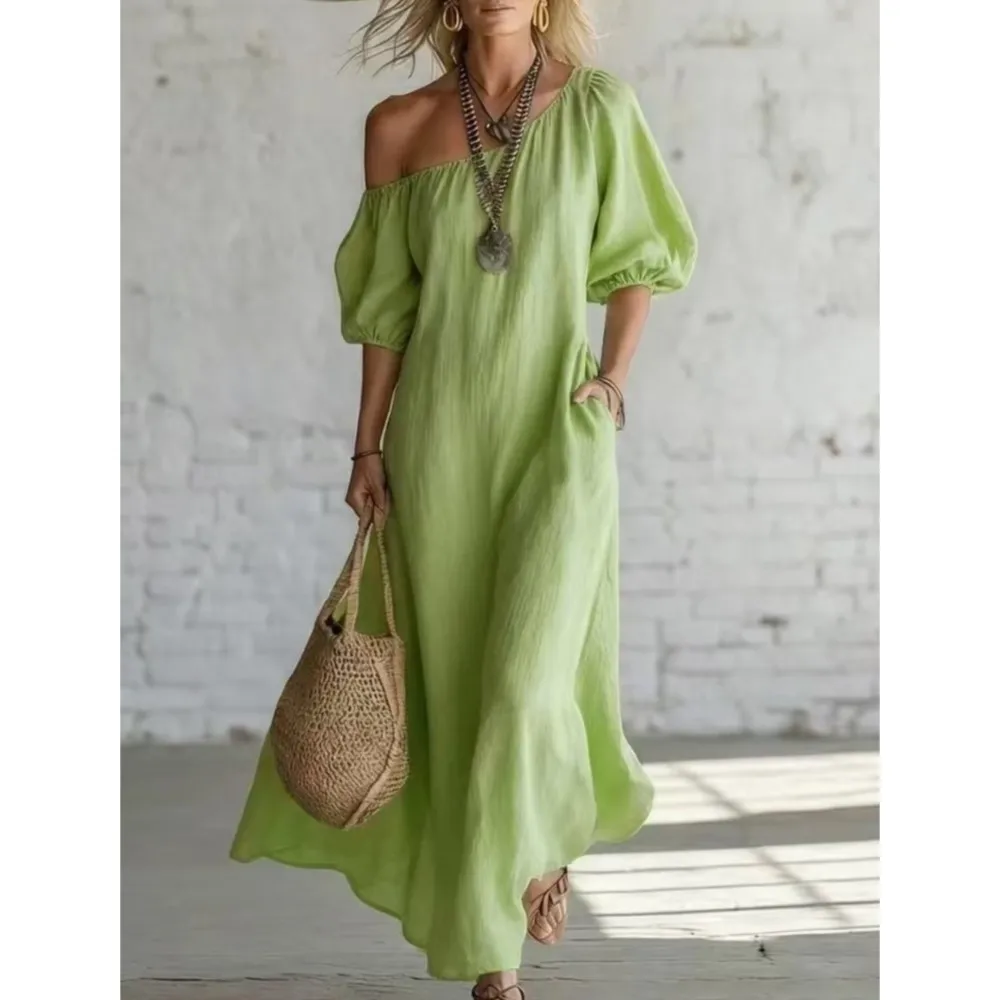 New Fashion Slanted Shoulder Casual Puff Short-sleeved Women Dress Summer Loose Pocket Retro Female Cotton Linen Long Dress 2026
New Fashion Slanted Shoulder Casual Puff Short-sleeved Women Dress Summer Loose Pocket Retro Female Cotton Linen Long Dress 2026