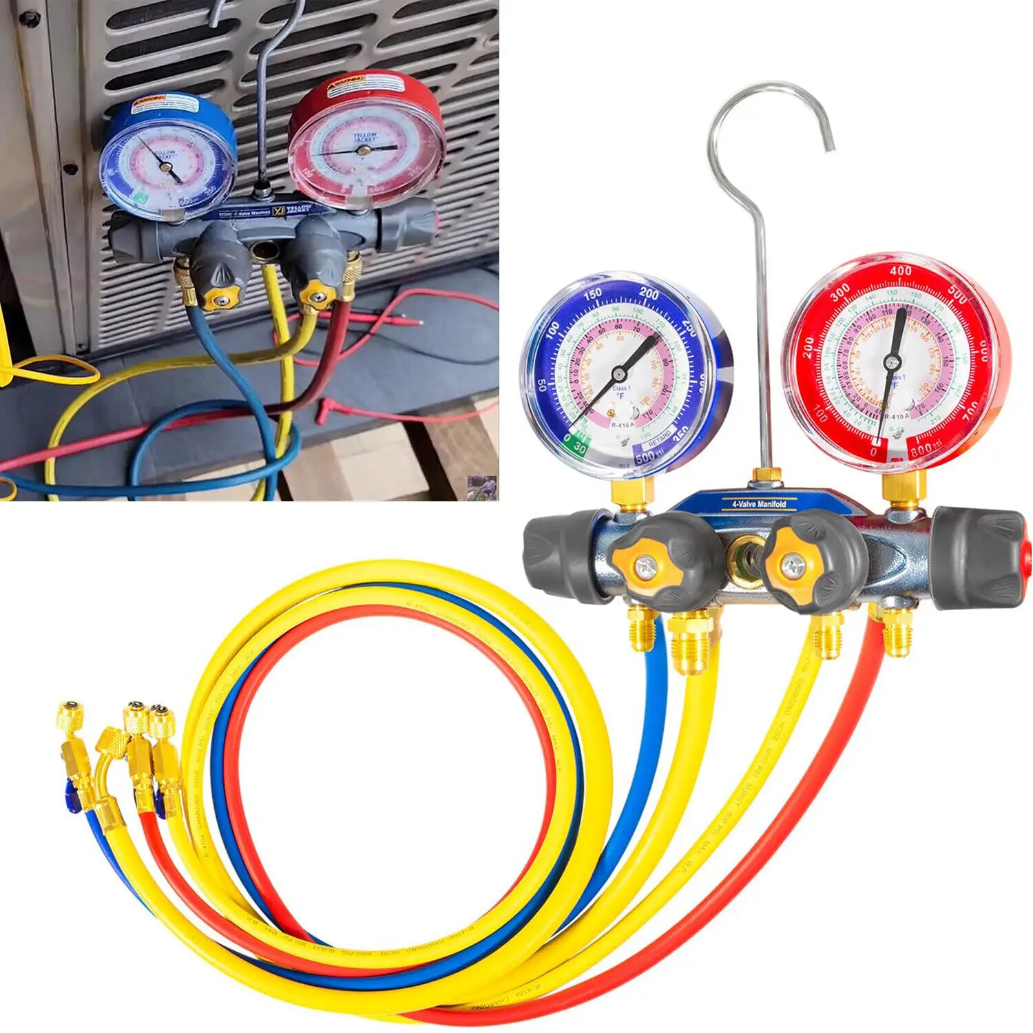 49968 Charging Manifold and 4 Valve Test A/C Manifold Gauge Tool Set with 60" Hoses and 3/8" x 45° Compact Ball Valve Hose Set
49968 Charging Manifold and 4 Valve Test A/C Manifold Gauge Tool Set with 60" Hoses and 3/8" x 45° Compact Ball Valve Hose Set