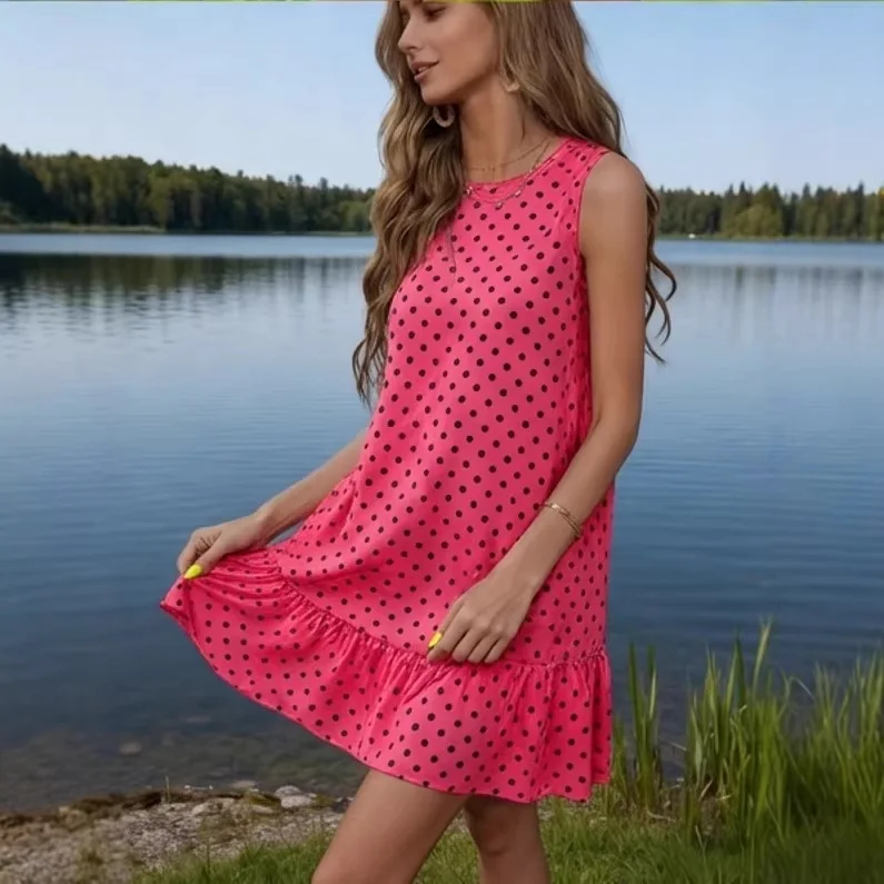 Plus Size Pink Polka Dot Sleeveless Dress Women Round Neck Ruffle Hem A Line Loose Summer Casual Mini Dress
Plus Size Pink Polka Dot Sleeveless Dress Women Round Neck Ruffle Hem A Line Loose Summer Casual Mini Dress