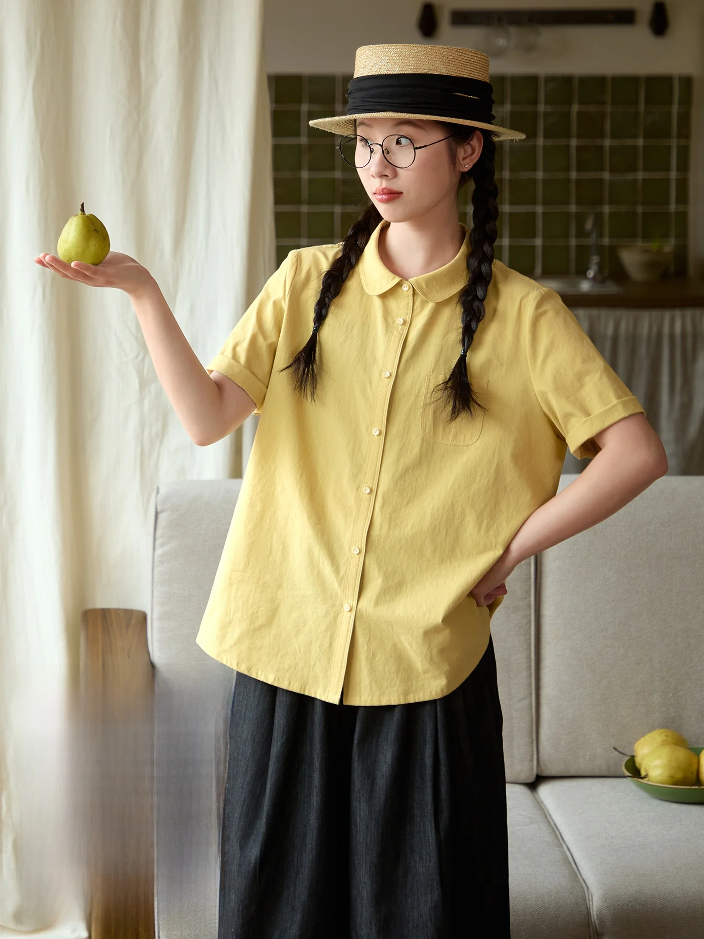 Loose Fit Pure Cotton Short Sleeve Shirt Women's Summer Casual Yellow Doll Collar Breathable Comfortable Chinese Brand
Loose Fit Pure Cotton Short Sleeve Shirt Women's Summer Casual Yellow Doll Collar Breathable Comfortable Chinese Brand