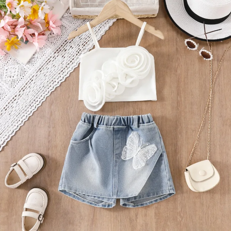 Girls' Set of Hot Summer Items in 2025, New Three-dimensional Flower Suspender T-shirt and Butterfly Denim Shorts Set
Girls' Set of Hot Summer Items in 2025, New Three-dimensional Flower Suspender T-shirt and Butterfly Denim Shorts Set
