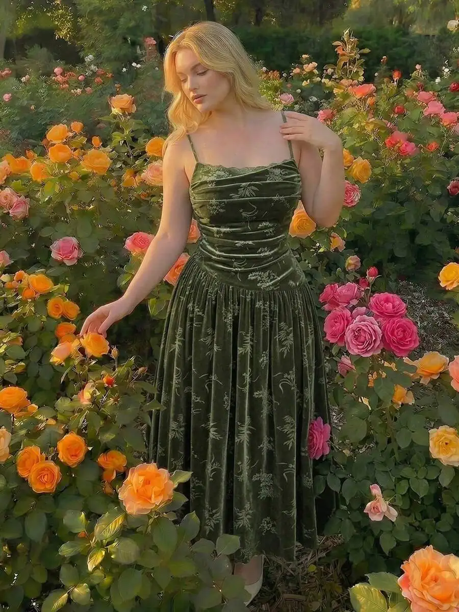 Olive Green Velvet Floral Print Evening Dress With Lace Trim
Olive Green Velvet Floral Print Evening Dress With Lace Trim