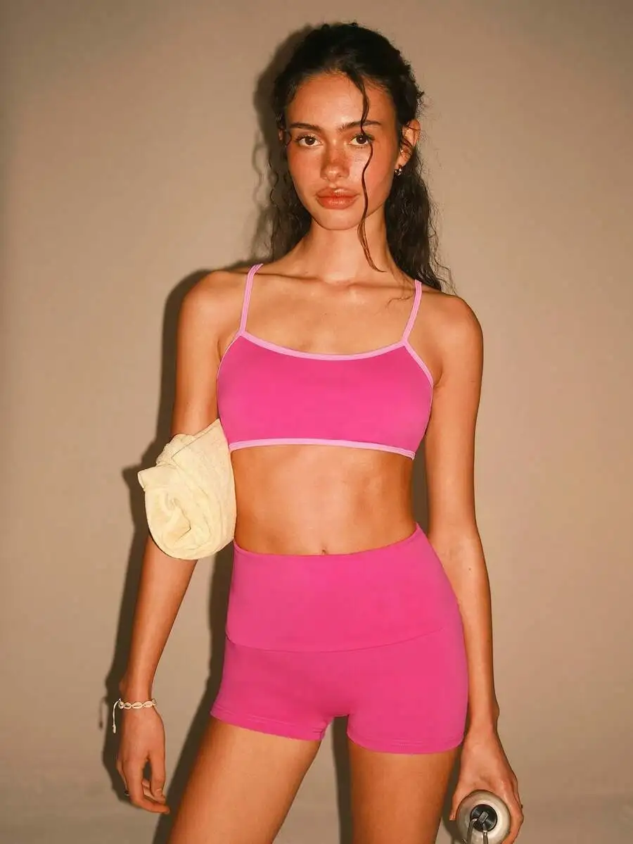 Womens Pink Contrast Color Sports Set With Built In Bra Workout Top And Shorts
Womens Pink Contrast Color Sports Set With Built In Bra Workout Top And Shorts