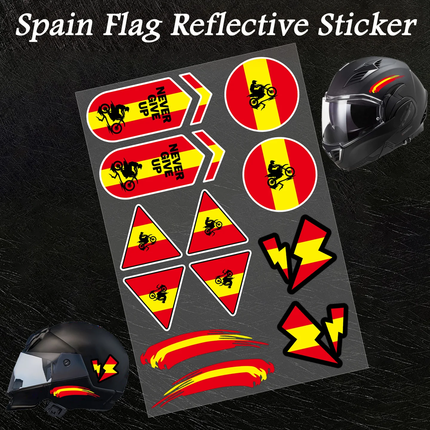 Spain Flag Reflective Stickers Set, Waterproof Vinyl Decals with Motorcycle Pattern for Helmet and Car Exterior
Spain Flag Reflective Stickers Set, Waterproof Vinyl Decals with Motorcycle Pattern for Helmet and Car Exterior