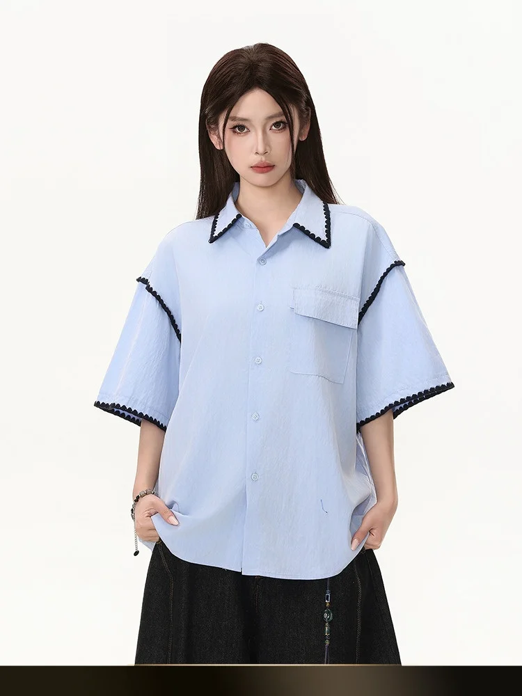 American Retro Splicing ell Embroidery ort Sve irt Summer College Sle Couple Match Open Cardigan irt
American Retro Splicing ell Embroidery ort Sve irt Summer College Sle Couple Match Open Cardigan irt