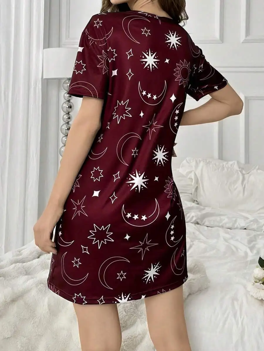 Short Sleeve Sleep Dress With Starry Sky Print For Women
Short Sleeve Sleep Dress With Starry Sky Print For Women