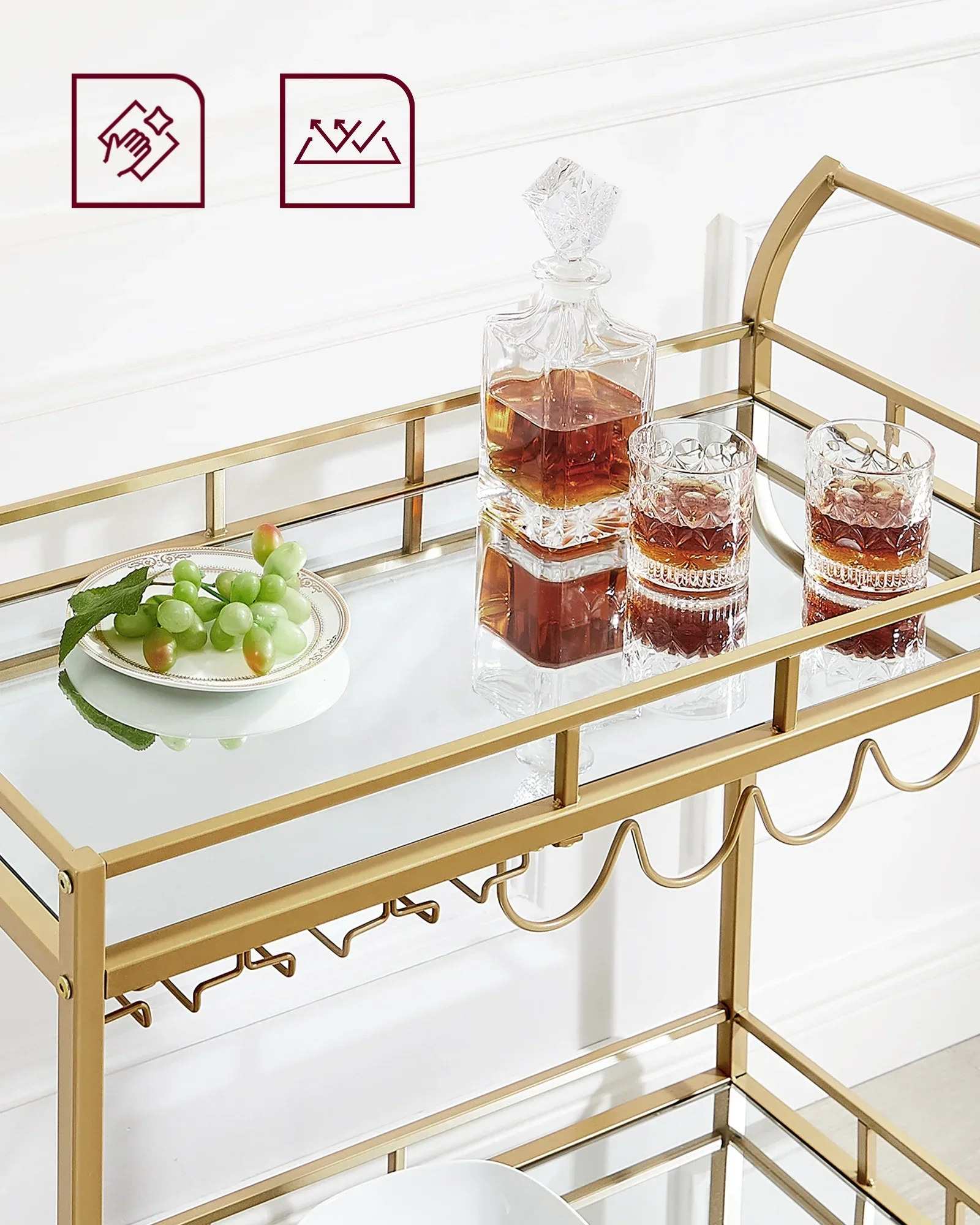 -2 Tiers Hotel Luxury Gold Metal Frame Serving Bar Carts Serving Trolley Food Service Cart With Wheels
-2 Tiers Hotel Luxury Gold Metal Frame Serving Bar Carts Serving Trolley Food Service Cart With Wheels